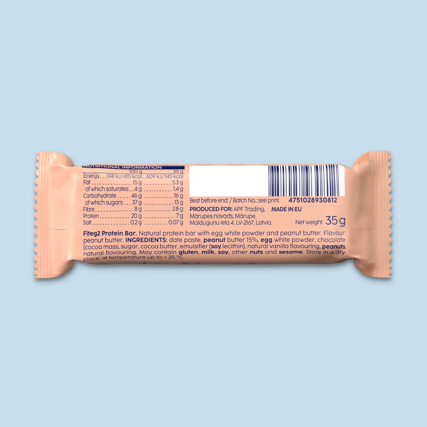 Fiteg2 Egg White Protein Bar Peanut Butter | Fiteg2 Olu baltuma proteīna batoniņi, zemesriekstu sviesta