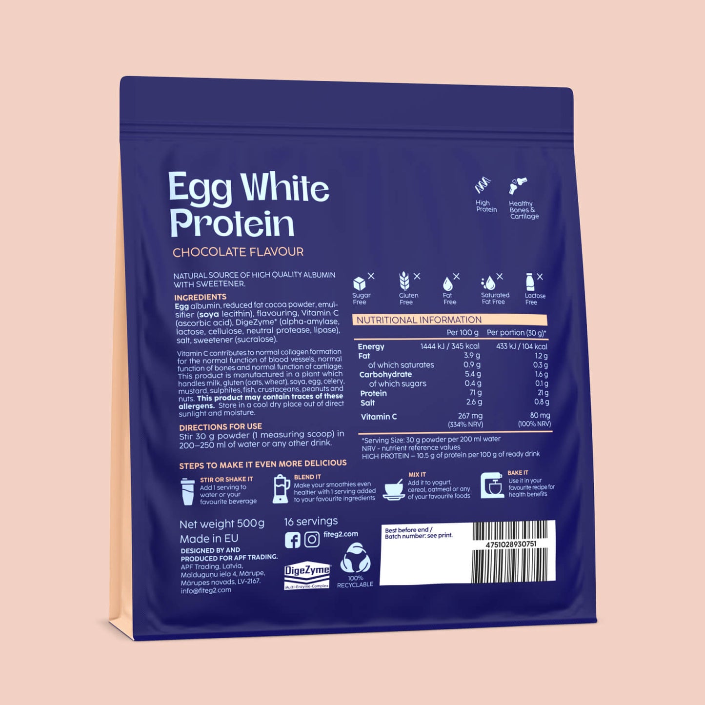 Fiteg2 Egg White Protein Powder Chocolate | Fiteg2 Olu baltuma proteīna pulveris, šokolādes