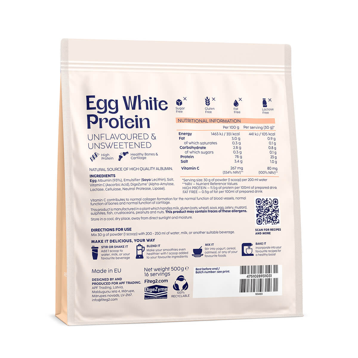 Fiteg2 Egg White Protein Powder - Unflavoured & Unsweetened (delivery from 09.12.)