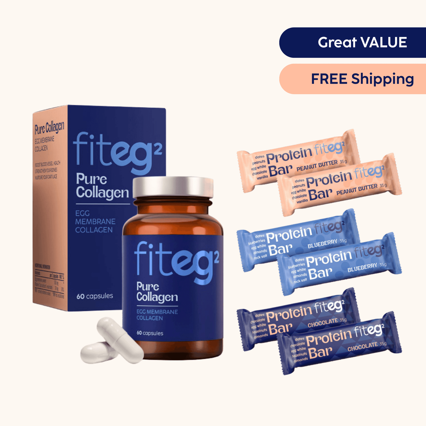Fiteg2 Starter Set Mobility - Egg Membrane Collagen, 6 egg white protein bars | Fiteg2 Starta komplekts Mobilitātei - olu membrānas kolagēns, 6 olu baltuma proteīna batoniņi