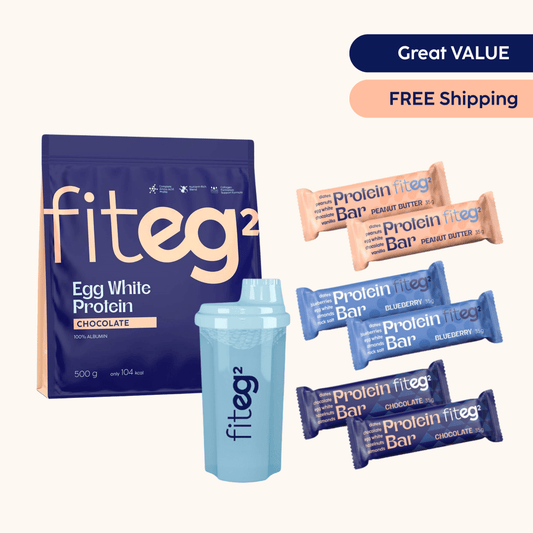 Fiteg2 Starter Set Energy Chocolate - Egg White Protein Powder, Shaker, 6 Egg White Protein Bars | Fiteg2 Starta komplekts Enerģijai Šokolādes - olu baltuma proteīns, 6 olu baltuma proteīna batoniņi, šeikeris
