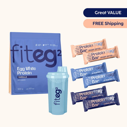 Fiteg2 Starter Set Energy Vanilla - Egg White Protein Powder, Shaker, 6 Egg White Protein Bars | Fiteg2 Starta komplekts Enerģijai Vaniļas - olu baltuma proteīns, 6 olu baltuma proteīna batoniņi, šeikeris